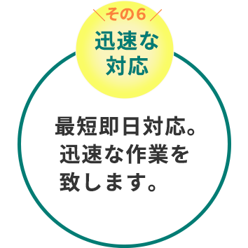 迅速対応　最短即日対応。迅速な作業を致します。